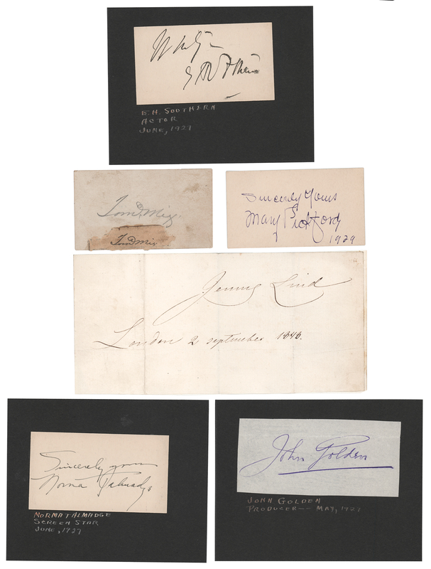 Lot 520 Entertainment Pioneers (6) Signatures - Mary Pickford, Tom Mix, Norma Talmadge, Jenny Lind, E. H. Sothern, and John Golden