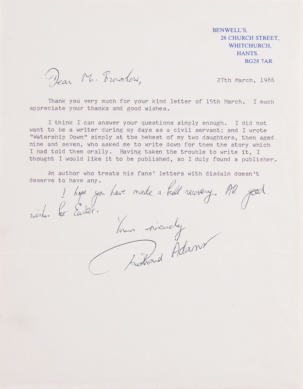 Lot 351 Richard Adams Typed Letter Signed on Watership Down