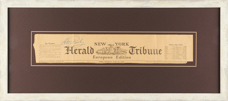 Lot 420 Elvis Presley Signature on a New York Herald Tribune Masthead Obtained in Paris During Army Service (June 1959)