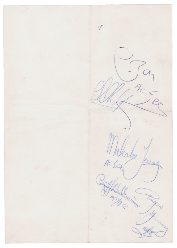 Lot 380 AC/DC Signatures with Bon Scott - Obtained at the ABC Cinema, Colchester (May 18, 1978)