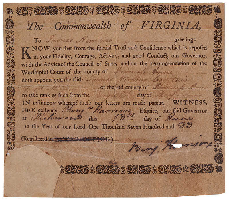 Lot 150 Benjamin Harrison V War-Dated Signed Military Appointment as Governor of Virginia