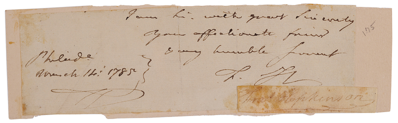Lot 152 Francis Hopkinson Signature and Initialed Valediction