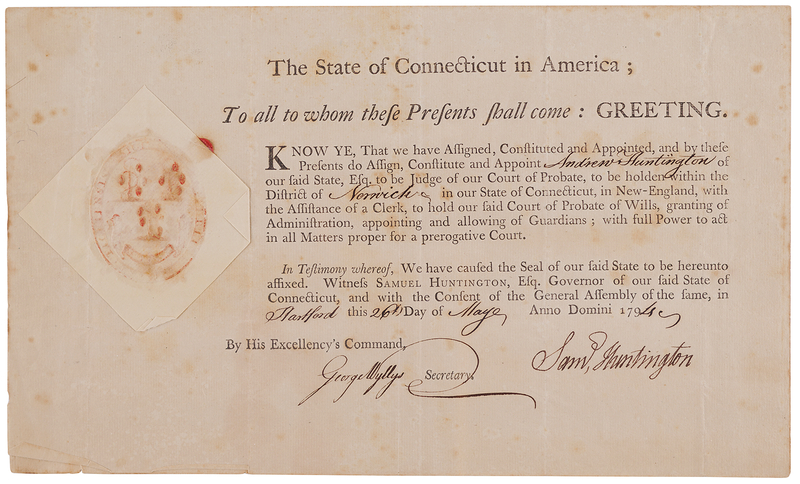 Lot 153 Samuel Huntington Document Signed as Governor of Connecticut