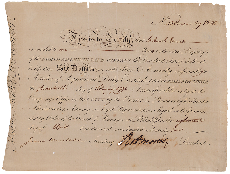 Lot 155 Robert Morris Document Signed to Dr. Enoch Edwards, a Physician of George Washington