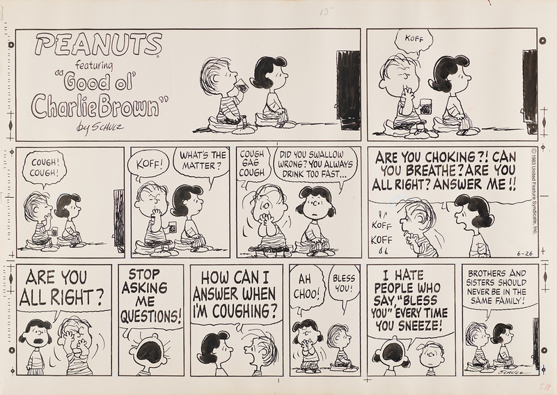 Lot 335 Charles Schulz Signed Original Hand-Drawn Peanuts Sunday Comic Strip (June 26, 1983)