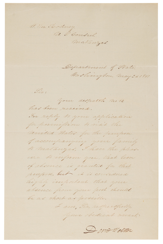 Lot 171 Daniel Webster Letter Signed as Secretary of State to the U.S. Consul in Matanzas, Cuba (1851)