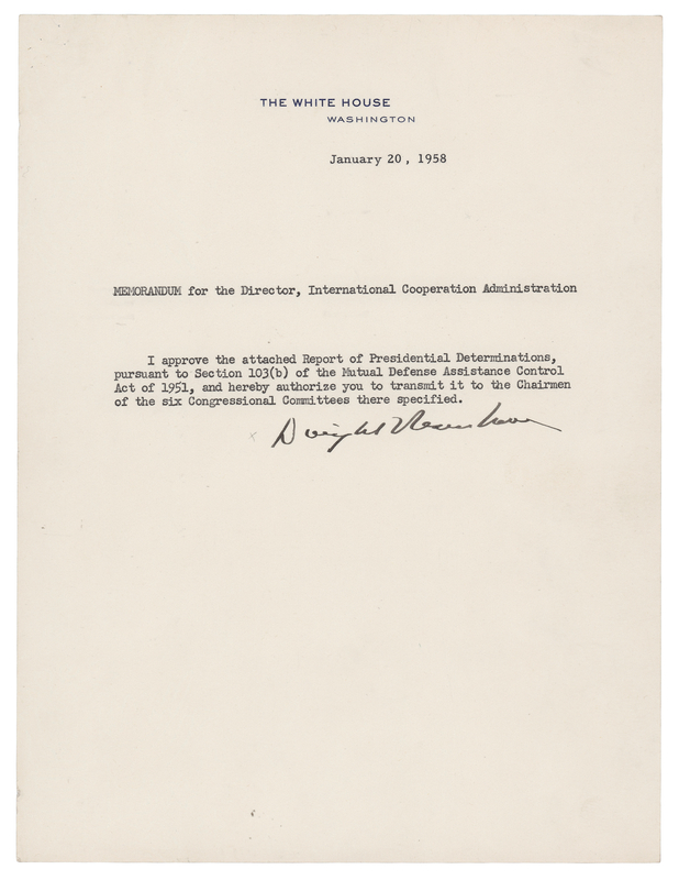 Lot 97 Dwight D. Eisenhower Document Signed as President, Concerning the Mutual Defense Assistance Control Act