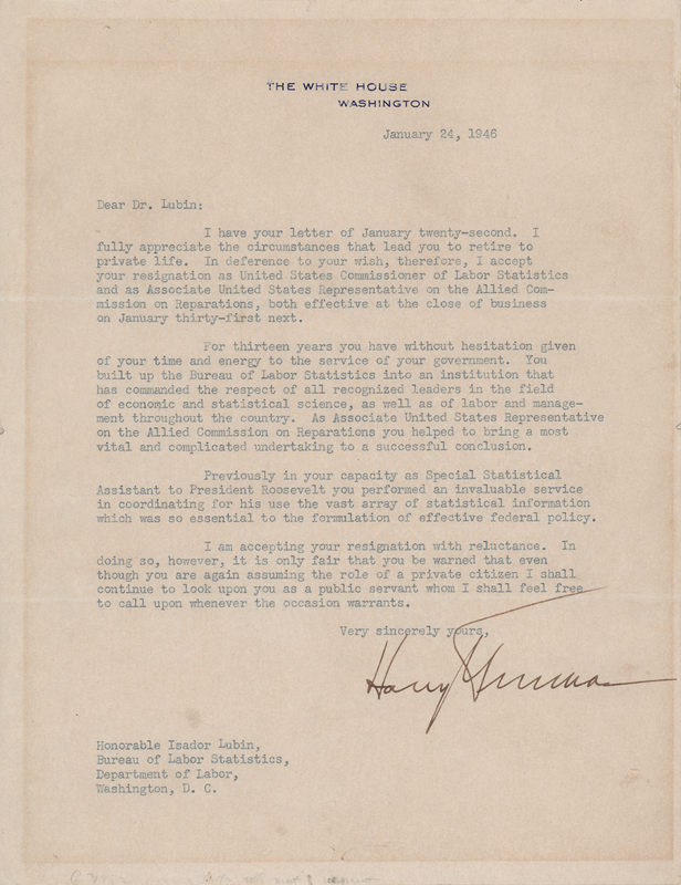Lot 91 Harry S. Truman Typed Letter Signed as President, Accepting the Resignation of FDR's Statistical Adviser