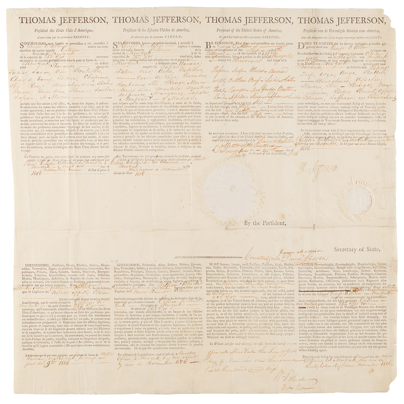 Lot 6 Thomas Jefferson and James Madison Signed Four-Language Ship's Passport (1806)