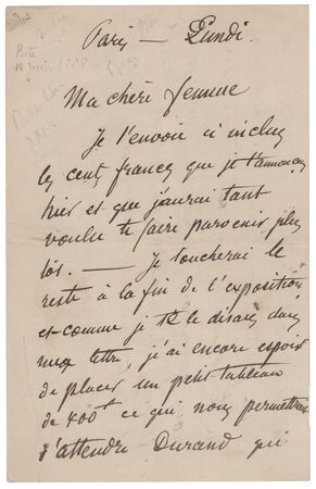 Lot #796 Camille Pissarro Autograph Letter Signed on the Sale of Artwork - Image 2