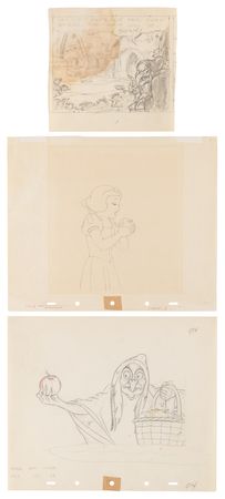 Lot #342. Snow White and Wicked Witch (3) production drawings from Snow White and the Seven Dwarfs