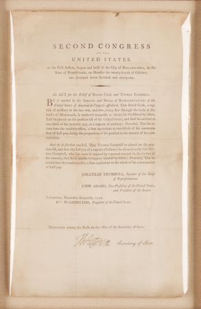 Lot #817 Thomas Jefferson Document Signed as Secretary of State, Granting a Pension to a Revolutionary War Officer 