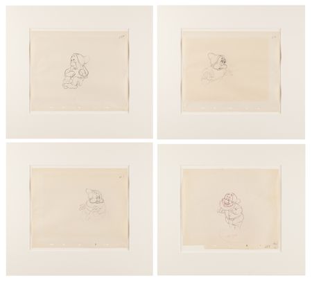Lot #338 Doc, Sleepy, Happy, and Bashful production drawings (4) from Snow White and the Seven Dwarfs - Image 1