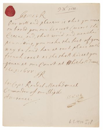 Lot #803 King James II Autograph Letter Signed,