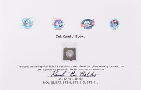 Lot #266 Apollo 16 Unflown Robbins Medallion - From the Personal Collection of Karol Bobko - Image 3
