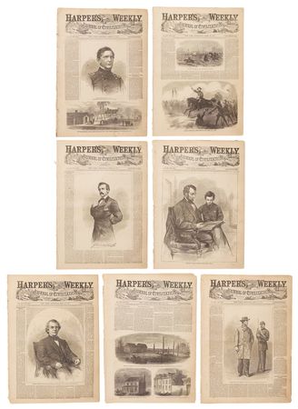 Lot #36. Abraham Lincoln: Harper&rsquo;s Weekly Consecutive Seven-Issue Run Documenting the Assassination, Funeral, Booth Manhunt, and End of the Civil War (April 15&ndash;May 27, 1865)