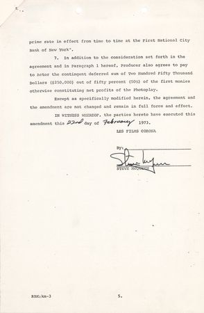 Lot #615 Steve McQueen Signed Contract Amendment for Papillon - Image 1