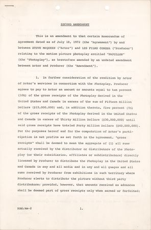 Lot #615 Steve McQueen Signed Contract Amendment for Papillon - Image 2