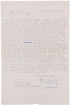 Lot #755 Bobby Fischer Typed Letter Signed on the