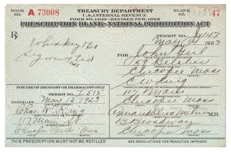 Lot #236 Prohibition: 1923 Liquor Prescription for