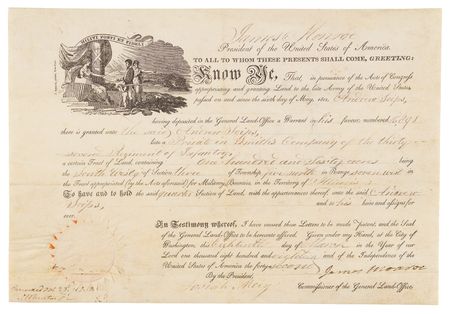 Lot #12 James Monroe Military Land Grant Signed as