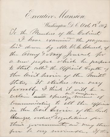 Lot #42 U.S. Grant Autograph Letter Signed as President to the “Members of the Cabinet” - Endorsing a New Civil Service Publication - Image 1