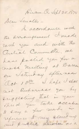 Lot #47 James A. Garfield Autograph Letter Signed Requesting Campaign Support from Senator John Sherman (1874) - Image 1