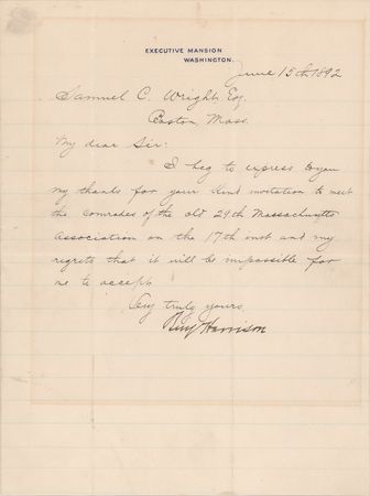 Lot #55 Benjamin Harrison Letter Signed as