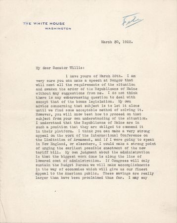 Lot #71 Warren G. Harding Typed Letter Signed as President on a Republican Speech in Maine - Image 1