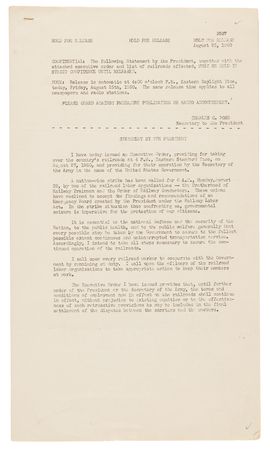 Lot #86 Harry S. Truman Signed White House Press Release on the 1950 Railroad Strike: 