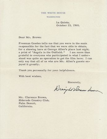Lot #99 Dwight D. Eisenhower Typed Letter Signed as President to Director Clarence Brown on His Favorite Film, 'Angels in the Outfield' - Image 1