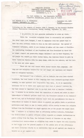 Lot #106 John F. Kennedy Press Release File Copy of a 1960 Houston Campaign Speech on the Separation of Church and State: 