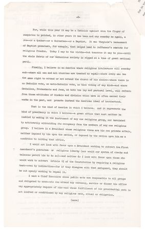 Lot #106 John F. Kennedy Press Release File Copy of a 1960 Houston Campaign Speech on the Separation of Church and State: 