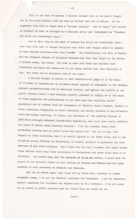 Lot #106 John F. Kennedy Press Release File Copy of a 1960 Houston Campaign Speech on the Separation of Church and State: 