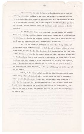 Lot #106 John F. Kennedy Press Release File Copy of a 1960 Houston Campaign Speech on the Separation of Church and State: 
