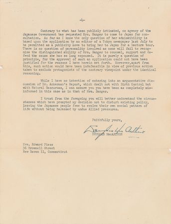 Lot #243 Douglas MacArthur Typed Letter Signed on Birth Control and the 