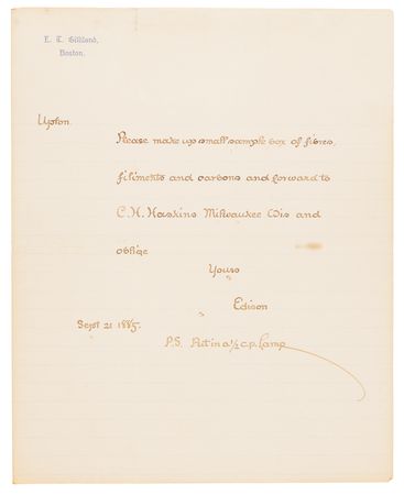 Lot #210 Thomas Edison Autograph Letter Signed to Francis Upton on Incandescent Lamp Filaments - Image 2