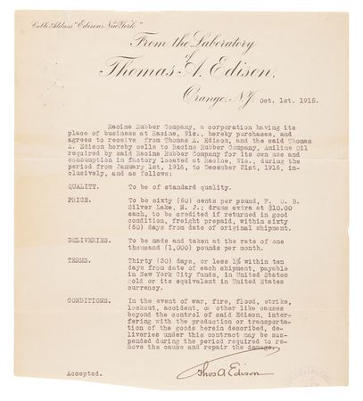 Lot #212 Thomas Edison Document Signed - Wartime