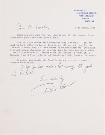 Lot #351 Richard Adams Typed Letter Signed on