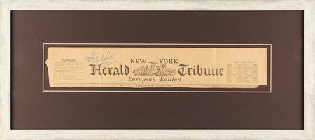 Lot #420 Elvis Presley Signature on a New York Herald Tribune Masthead Obtained in Paris During Army Service (June 1959) - Image 1