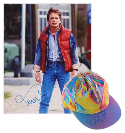 Lot #524 Back to. the Future: Michael J. Fox (2) Signed Items - Marty McFly Cap and Oversized Photograph - Image 1
