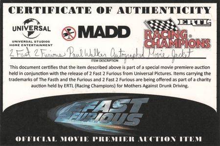 Lot #733 Paul Walker Signed '2 Fast 2 Furious' Premiere Promotional Jacket - Image 4