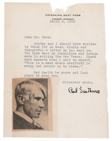 Lot #364 Carl Sandburg Typed Letter Signed on The