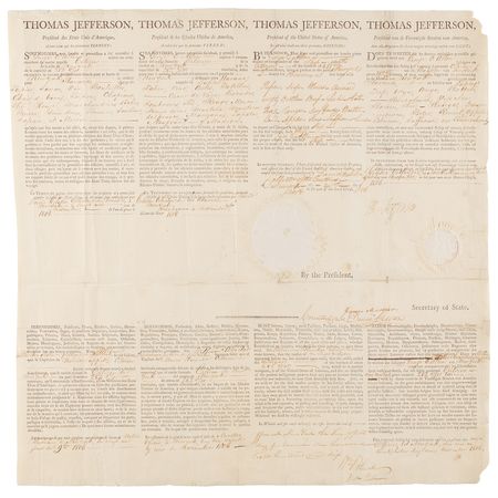 Lot #6 Thomas Jefferson and James Madison Signed Four-Language Ship's Passport (1806) - Image 1