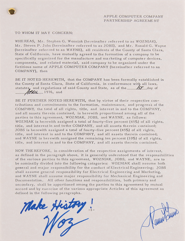 Lot 4139 Steve Wozniak and Ron Wayne Signed Souvenir Apple Computer Company Partnership Agreement