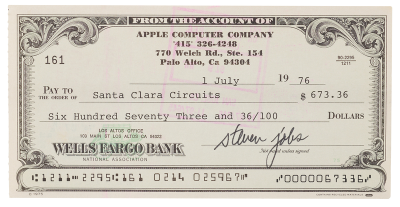 Lot 4001 Steve Jobs Signed 1976 Apple Computer Company Check to Santa Clara Circuits, Linked to the First Apple-1 Boards