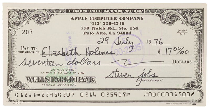 Lot 4002 Steve Jobs Signed 1976 Apple Computer Company Check to Apple's First Bookkeeper, Elizabeth Holmes