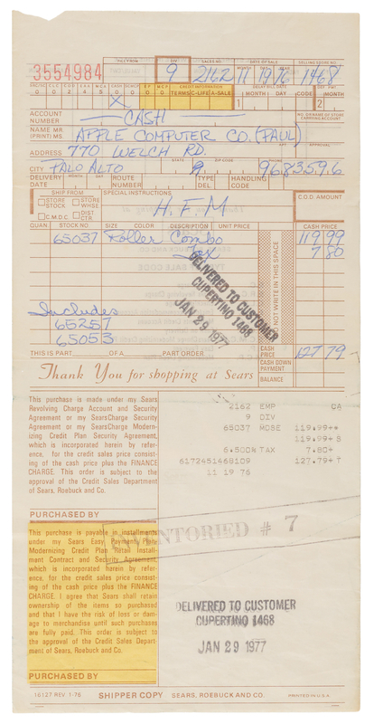 Lot 4022 Steve Jobs: 1976-77 Sears Invoice for Roller Combo Tool Cabinet Purchased by Apple Computer Co.