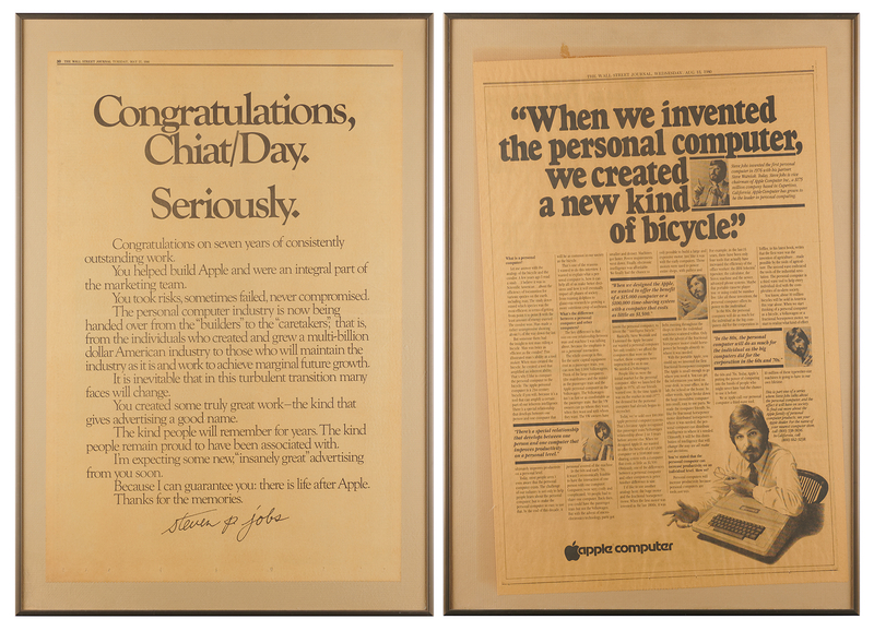 Lot 4010 Steve Jobs Wall Street Journal Full-Page Advertisements from the 'Apple Garage' at the Jobs Family Home in Los Altos