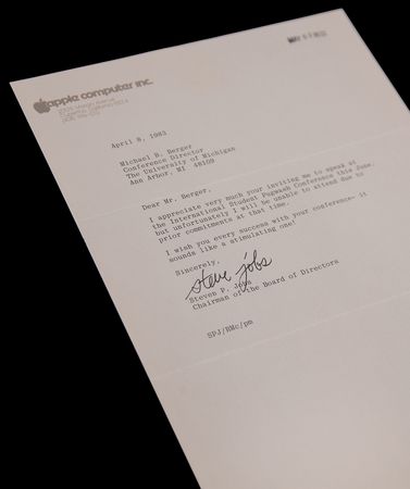 Lot #4027 Steve Jobs Typed Letter Signed, Declining Speaking Invitation from the University of Michigan (1983) - Image 1